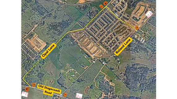A map showing the detour that will be in place due to construction on Roland Lane starting July 13, 2026 and going until about July 15, 2026 depending on weather.