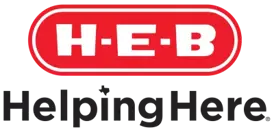 H-E-B logo in red and white with the words 'Helping Here' in black text beneath it.