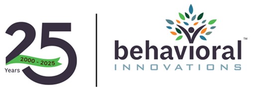 Logo got Behavioral Innovations with the number 25 to the left in celebration of their 25 years in services starting in the year 2000.